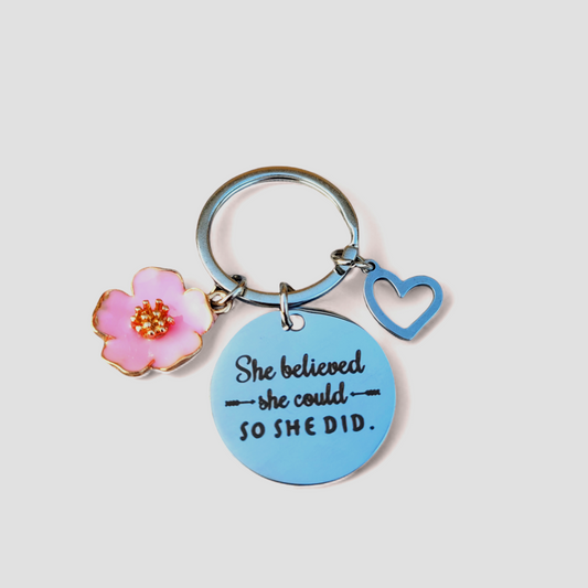 Positivity Keyrings - She Believed she could so she did - pink heart!